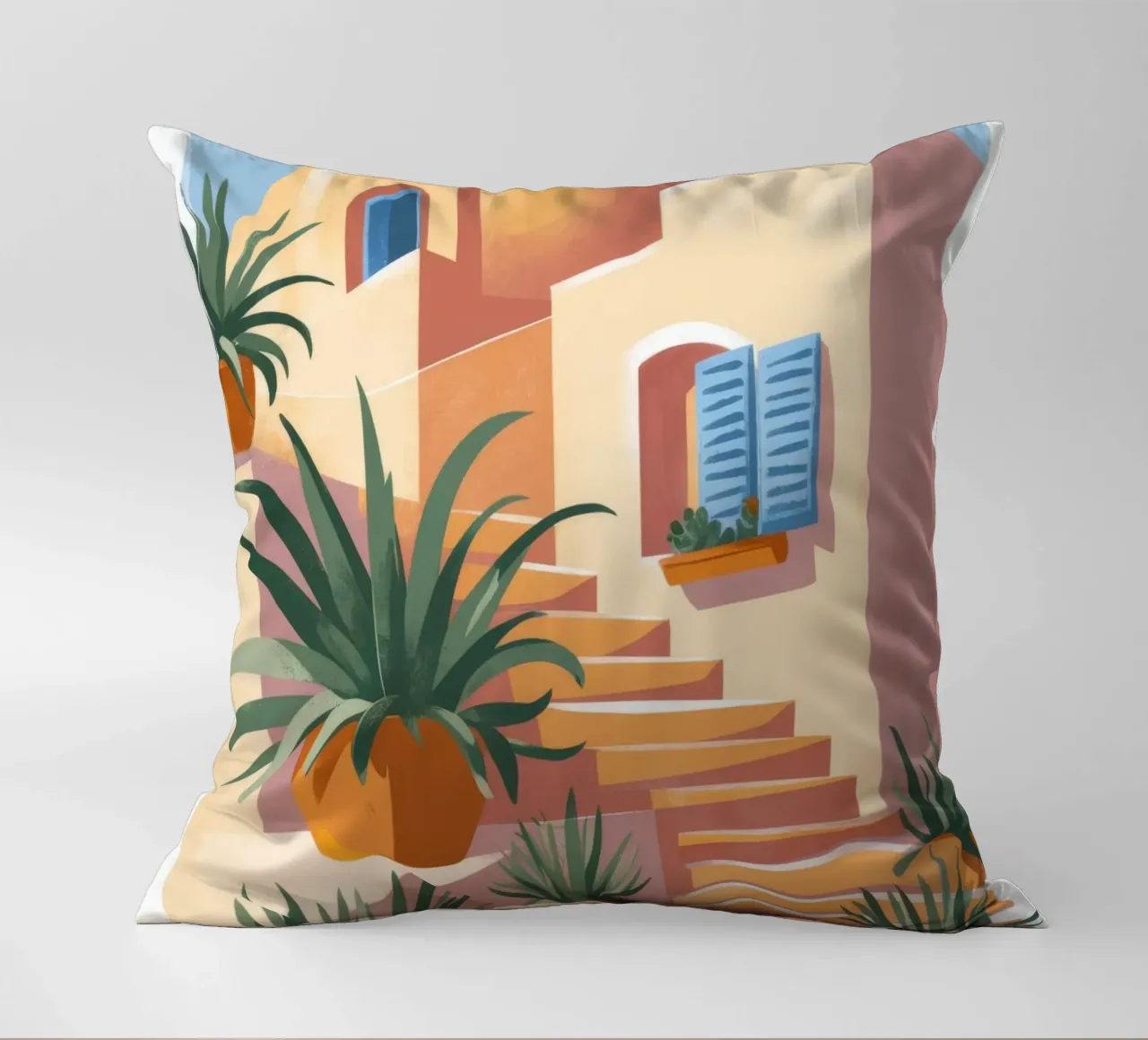 Oasi con terrazza illuminata dal sole cuscino da Veiled Canvas