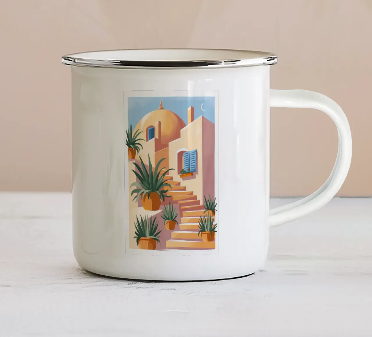 Oasi con terrazza illuminata dal sole tazza in smalto da Veiled Canvas