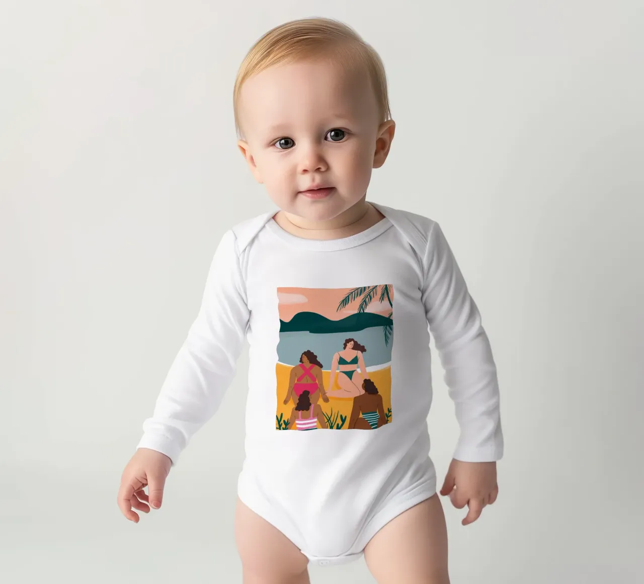 Serene Beach Gathering long-sleeve baby romper by Veiled Canvas
