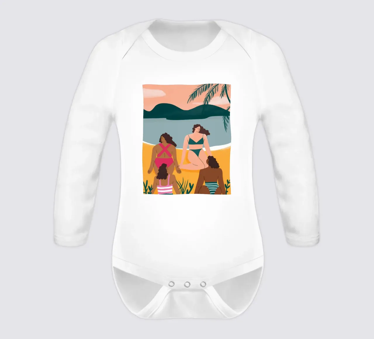 Serene Beach Gathering long-sleeve baby romper by Veiled Canvas