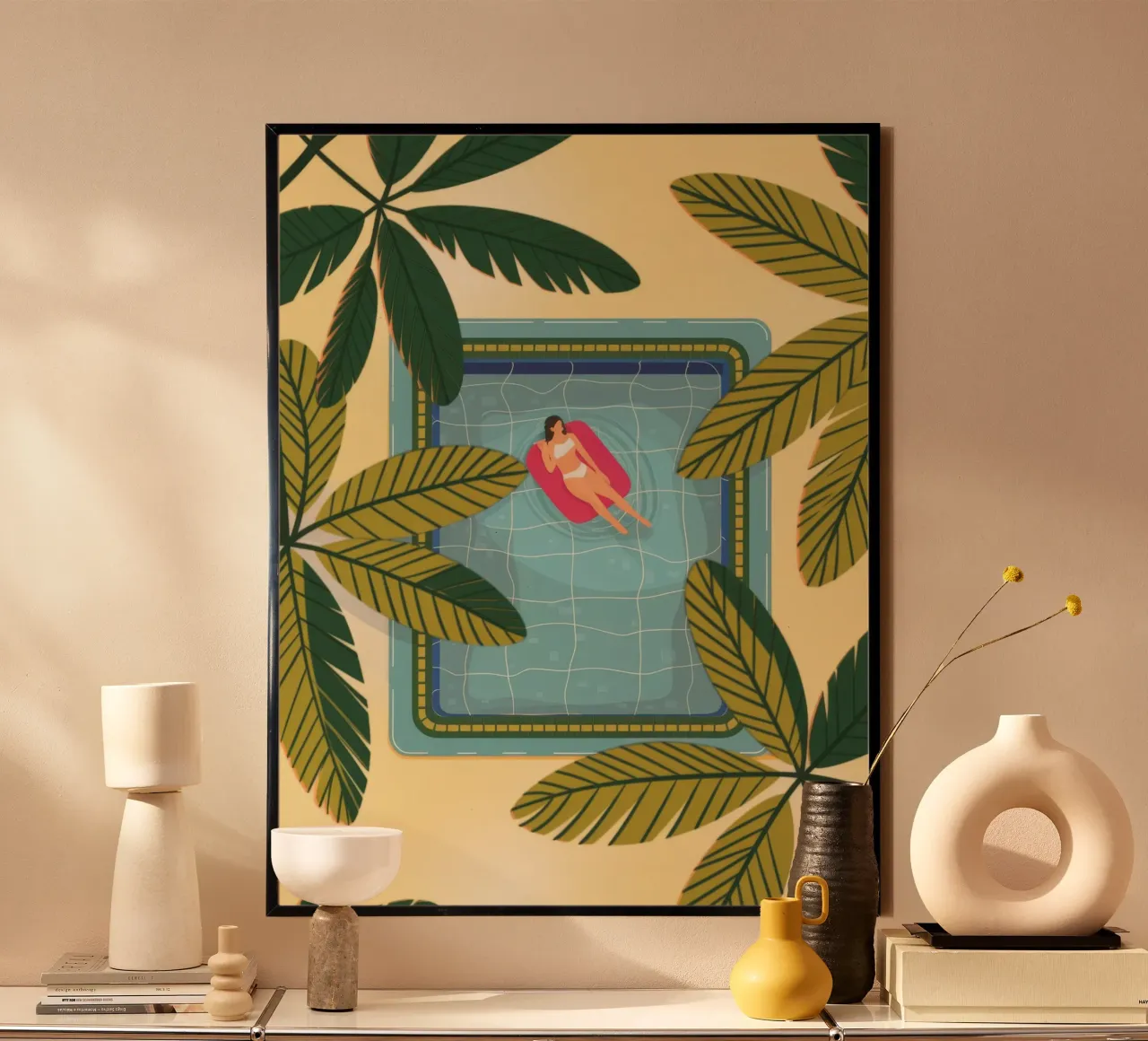 Fuga tropicale a bordo piscina poster con telaio in legno da Veiled Canvas
