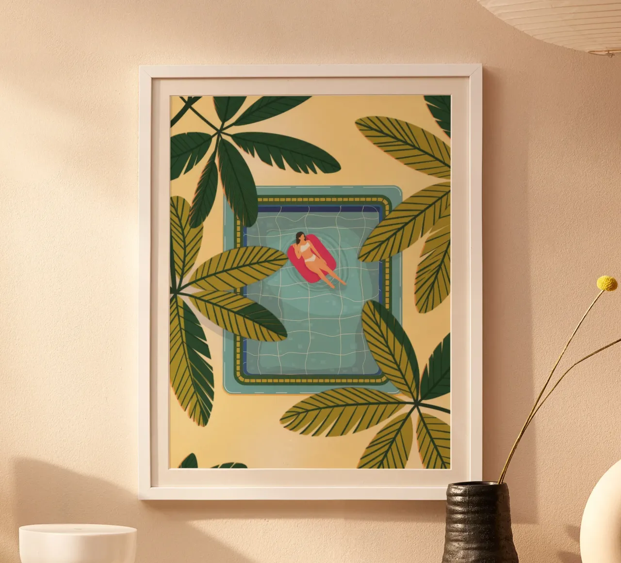 Fuga tropicale a bordo piscina poster con telaio in legno da Veiled Canvas