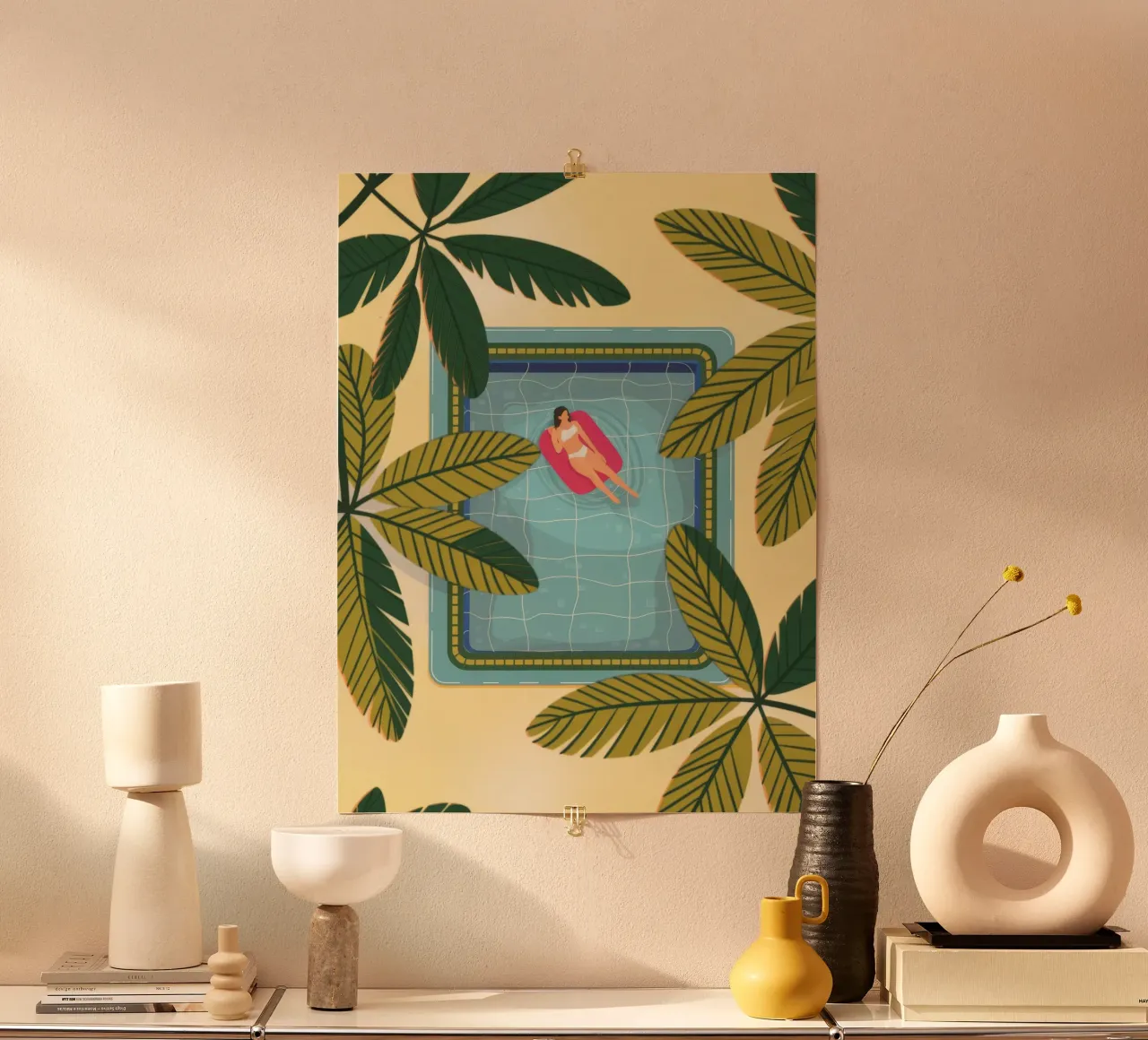 Fuga tropicale a bordo piscina poster con telaio in legno da Veiled Canvas