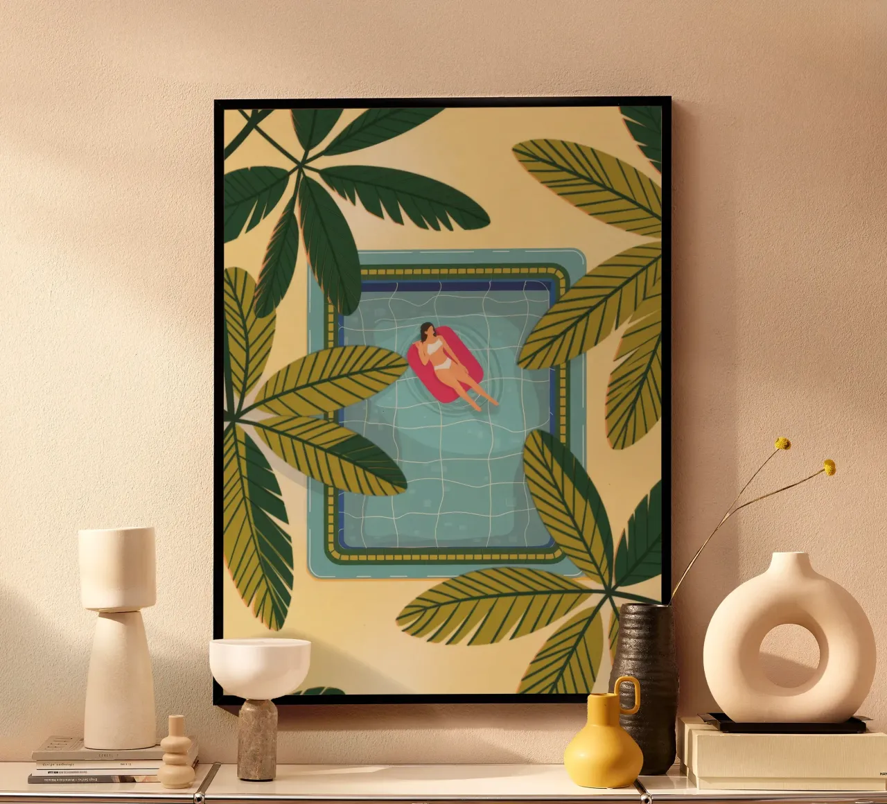Fuga tropicale a bordo piscina poster con telaio in legno da Veiled Canvas
