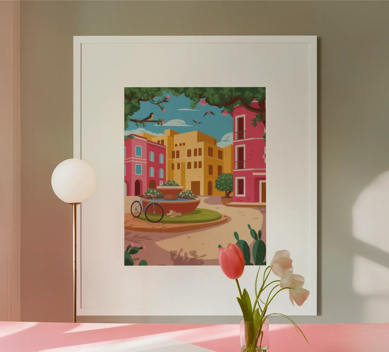La vivace piazza della città poster con telaio in legno da Veiled Canvas