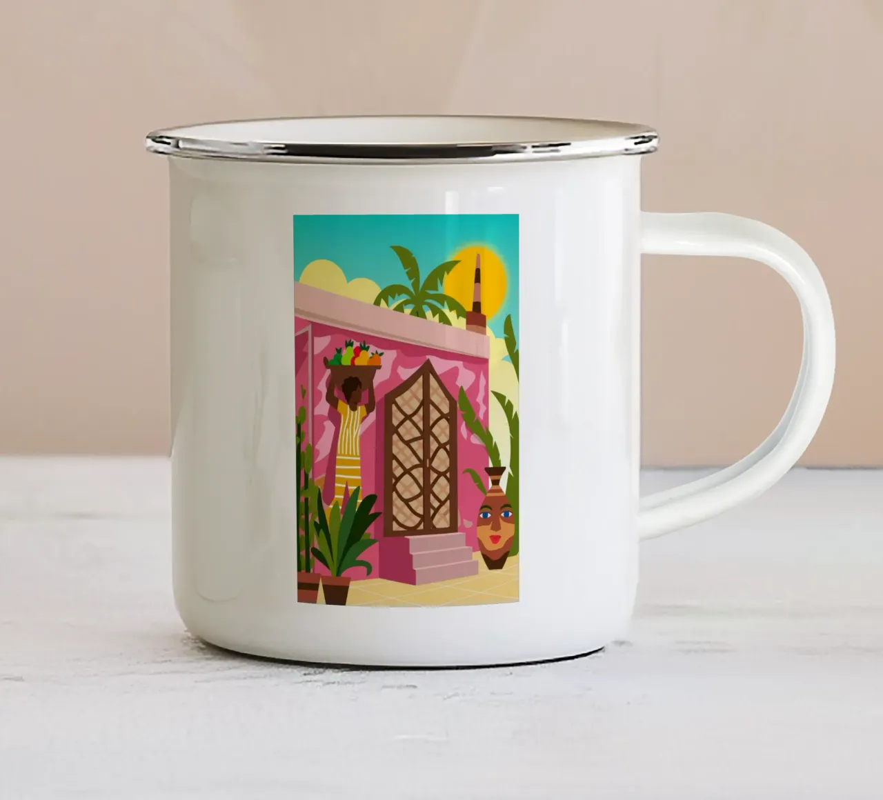 Retrouvailles sous les tropiques mug en émail de Veiled Canvas