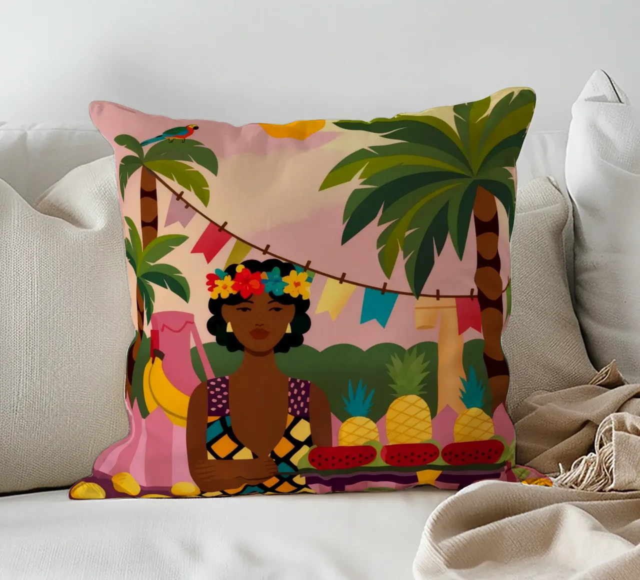 Fantasia di frutta tropicale cuscino da Veiled Canvas