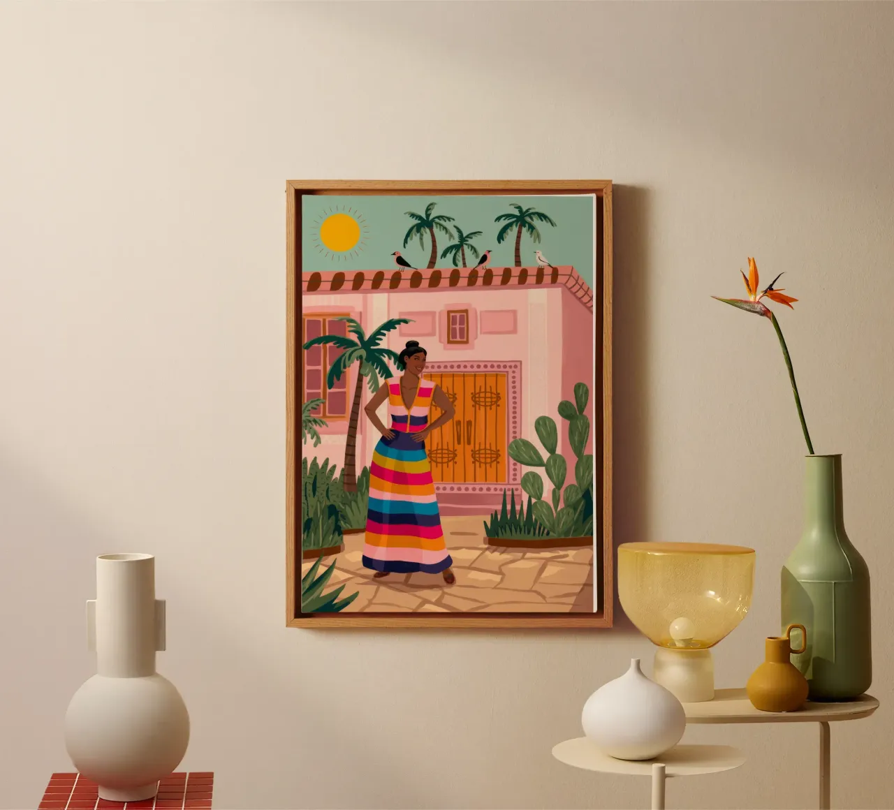 Kleurrijk dorpsleven canvas met Baklijst van Veiled Canvas