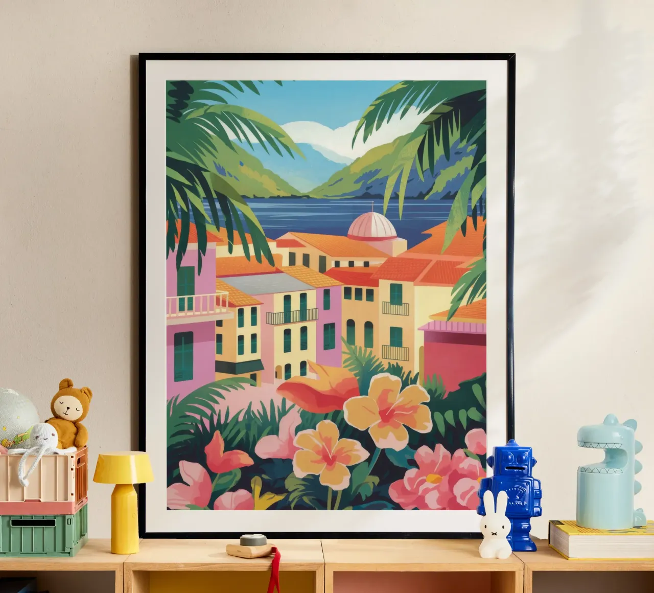 Vista Paradiso Costiero poster con telaio in legno da Veiled Canvas
