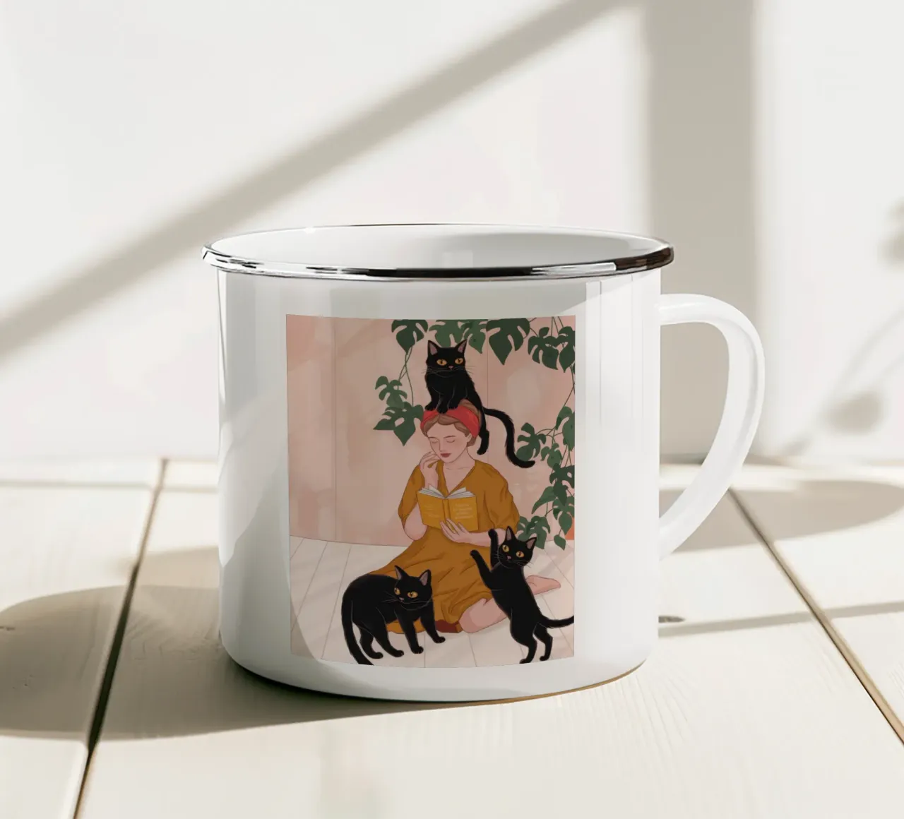 Feline Affection Delight enamel mug by Veiled Canvas