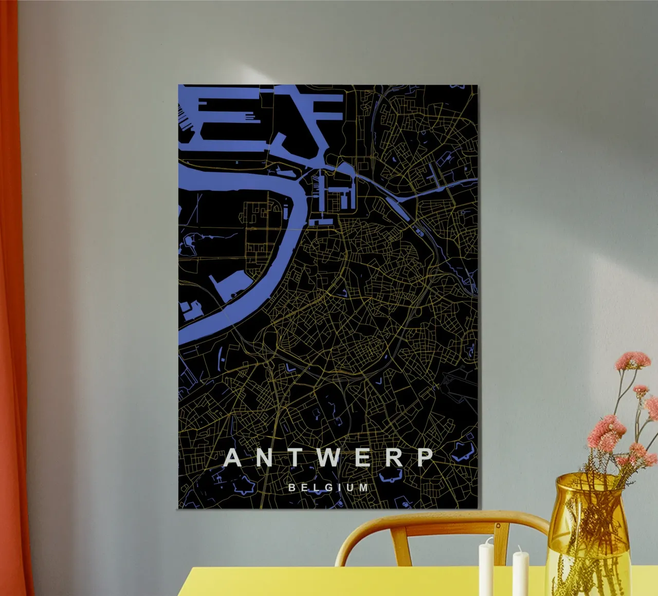 Anversa Belgio - Mappa della città in nero e oro alluminio dibond da Cartographers Library
