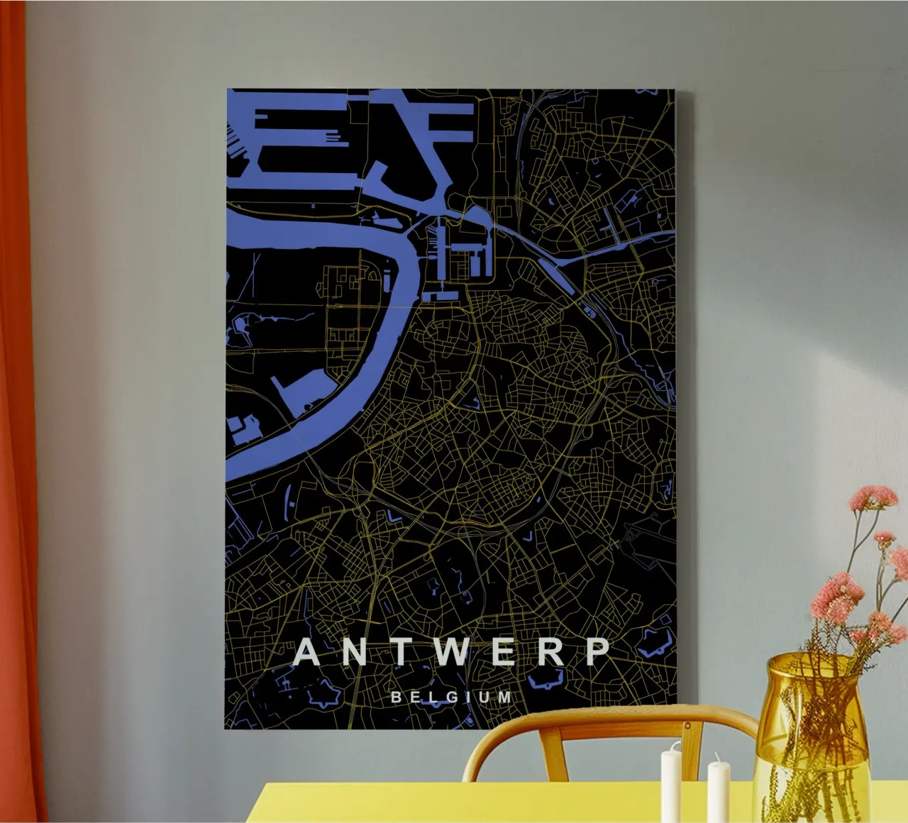 Anversa Belgio - Mappa della città in nero e oro tela con Cornice a cassetta da Cartographers Library