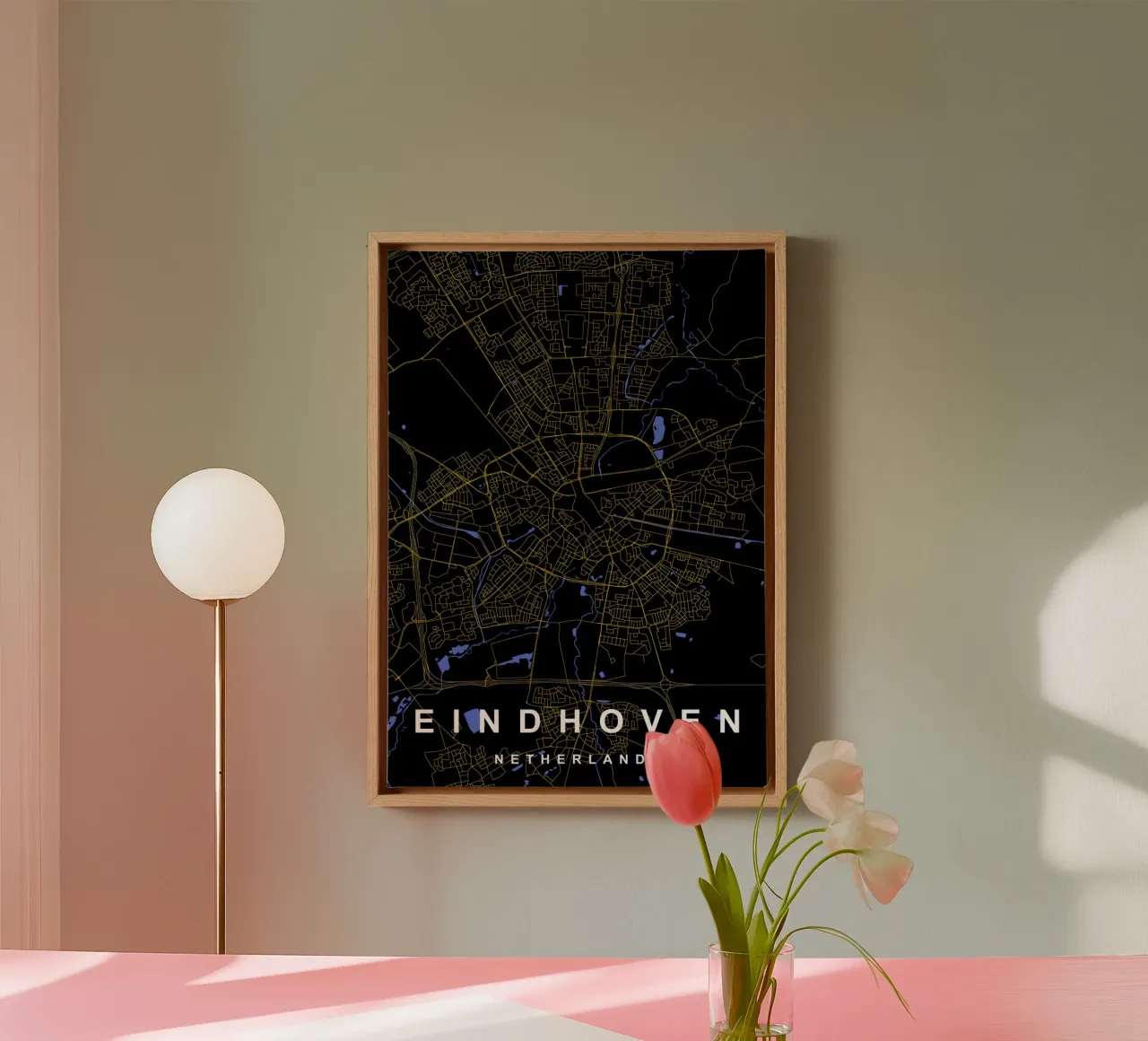 Eindhoven Netherlands City Map Black and Gold canvas with Floater frame by Cartographers Library