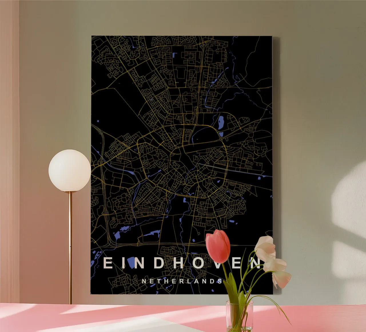 Eindhoven Netherlands City Map Black and Gold canvas with Floater frame by Cartographers Library