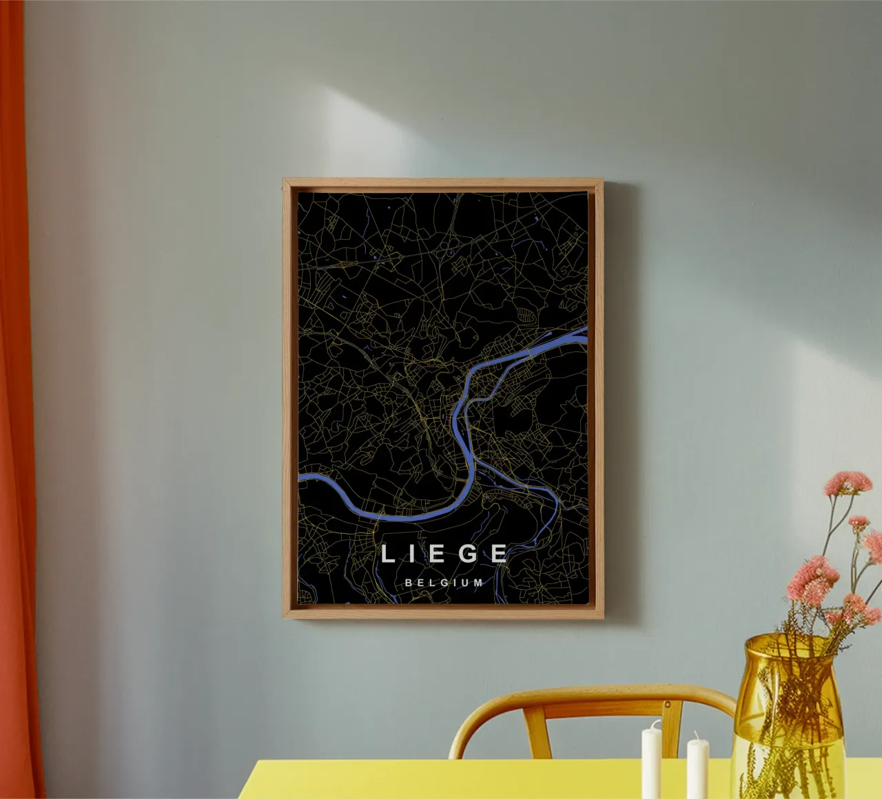 Liegi Belgio - Mappa della città in nero e oro tela con Cornice a cassetta da Cartographers Library