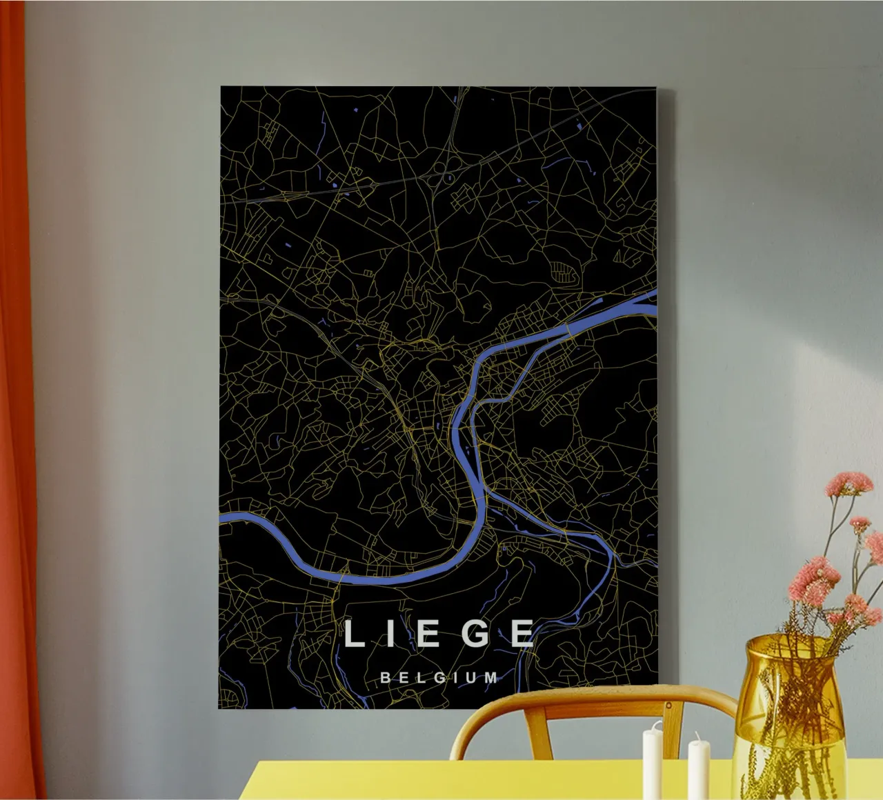 Liegi Belgio - Mappa della città in nero e oro tela con Cornice a cassetta da Cartographers Library