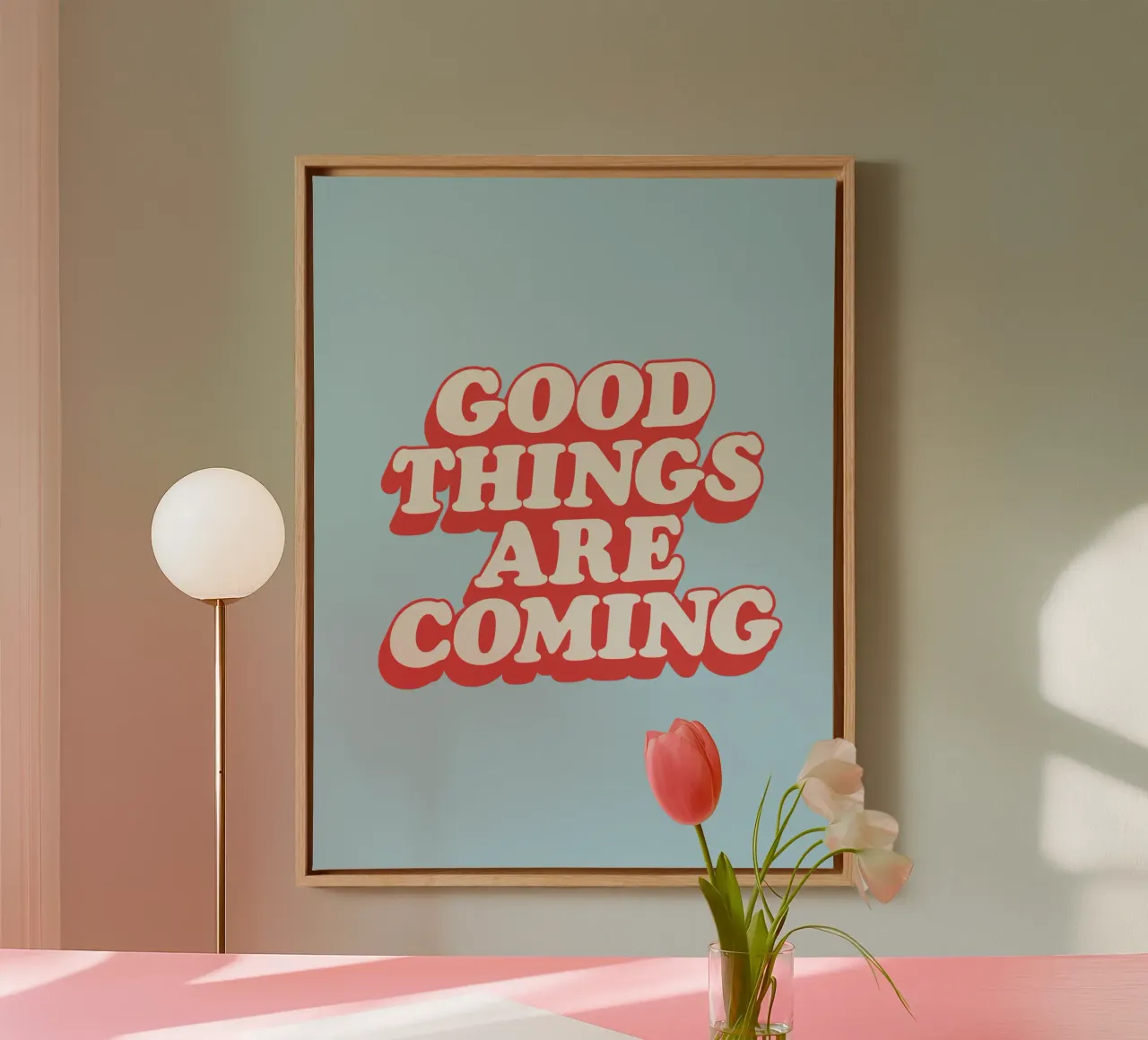 Goede dingen komen eraan Typografieprint in Rood Wit Blauw canvas met Baklijst van THE MOTIVATED TYPE
