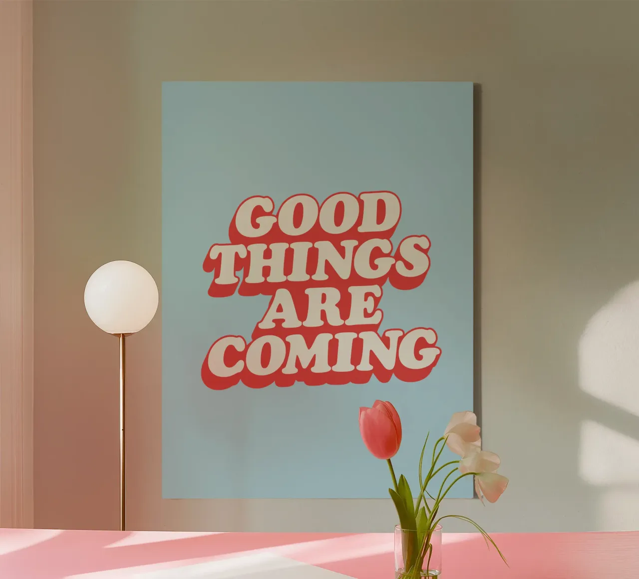 Goede dingen komen eraan Typografieprint in Rood Wit Blauw canvas met Baklijst van THE MOTIVATED TYPE