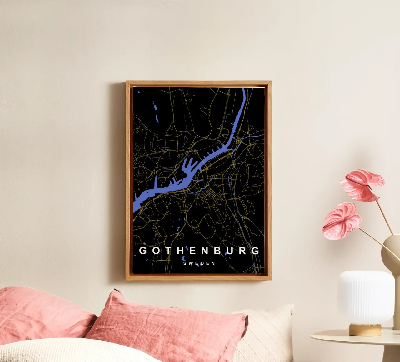 Göteborg Svezia - Mappa della città in nero e oro tela con Cornice a cassetta da Cartographers Library