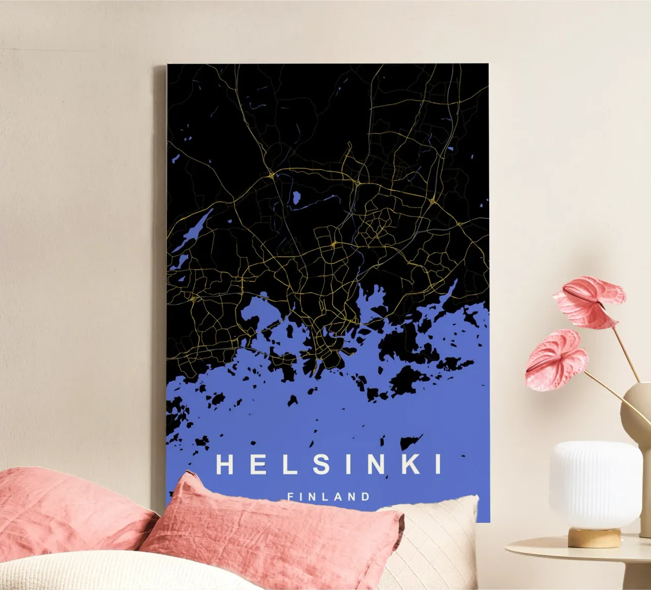 Helsinki Finland Stadsplattegrond Zwart-Goud canvas met Baklijst van Cartographers Library