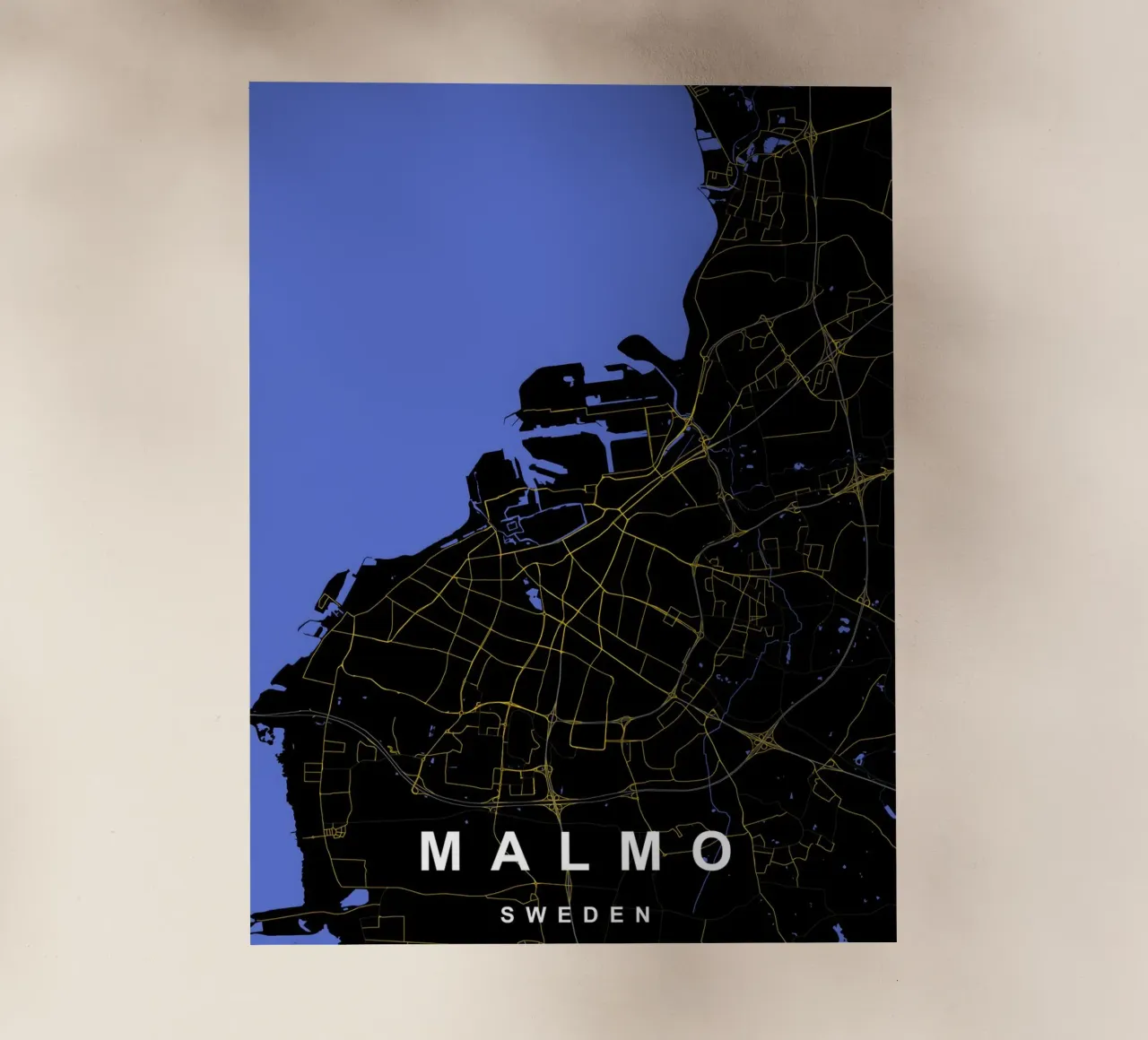 Malmo Svezia - Mappa della città in nero e oro pellicola backlit da Cartographers Library