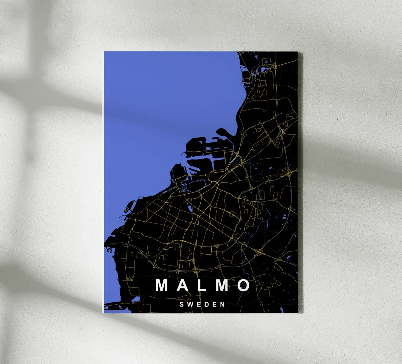 Malmo Svezia - Mappa della città in nero e oro tela con Cornice a cassetta da Cartographers Library