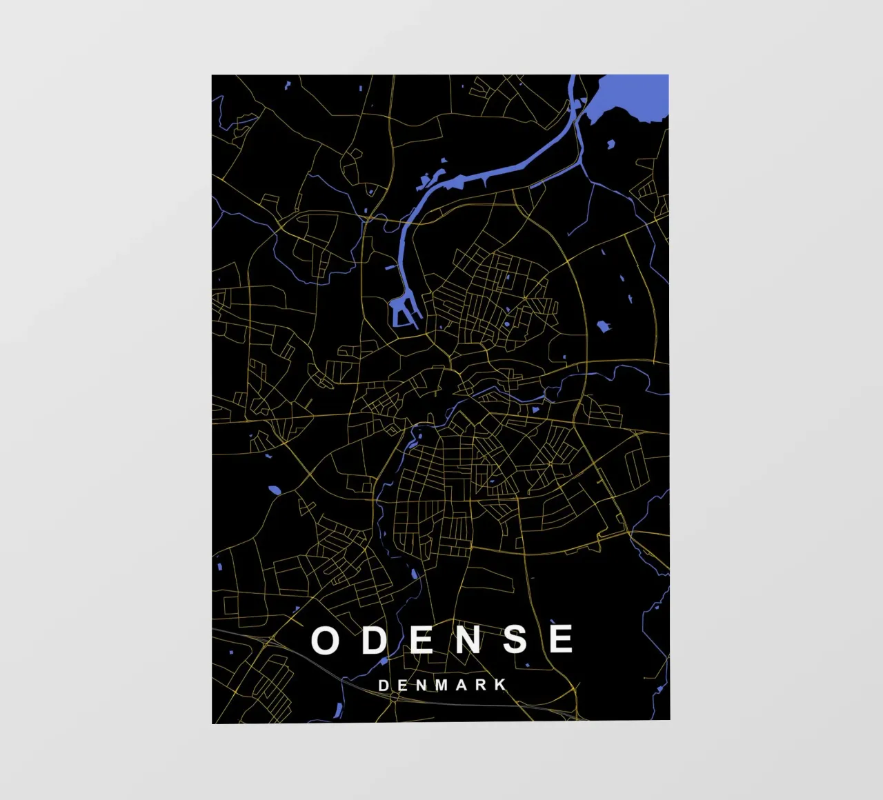 Odense Danimarca - Mappa della città in nero e oro pellicola backlit da Cartographers Library