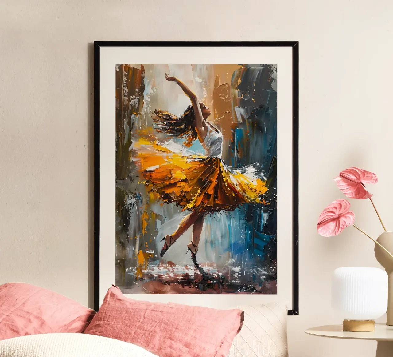 Peinture à l'huile d'une jeune fille dansante poster avec cadre en plastique de Artful Muse