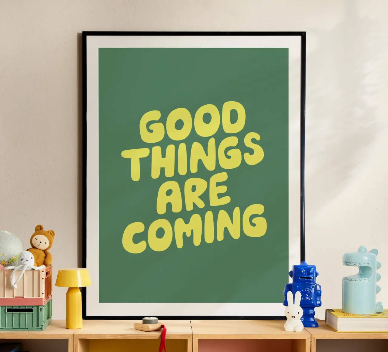 Good Things Are Coming Typography Print in Green and Yellow hahnemühle by THE MOTIVATED TYPE