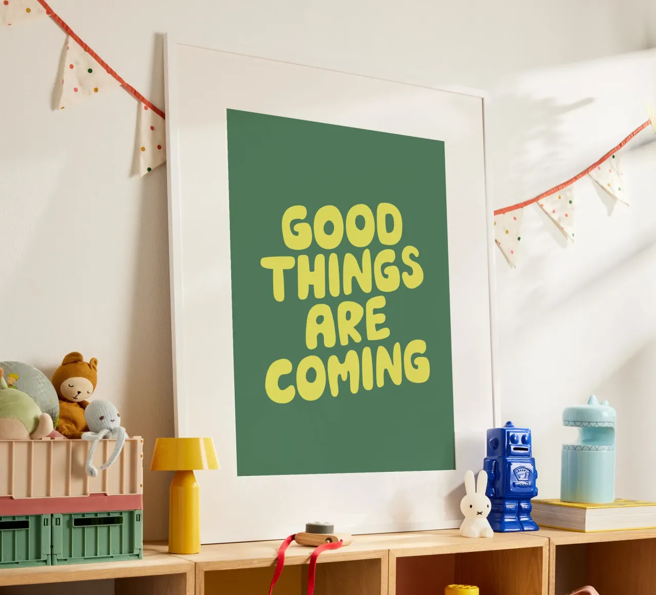 Good Things Are Coming Typography Print in Green and Yellow hahnemühle by THE MOTIVATED TYPE