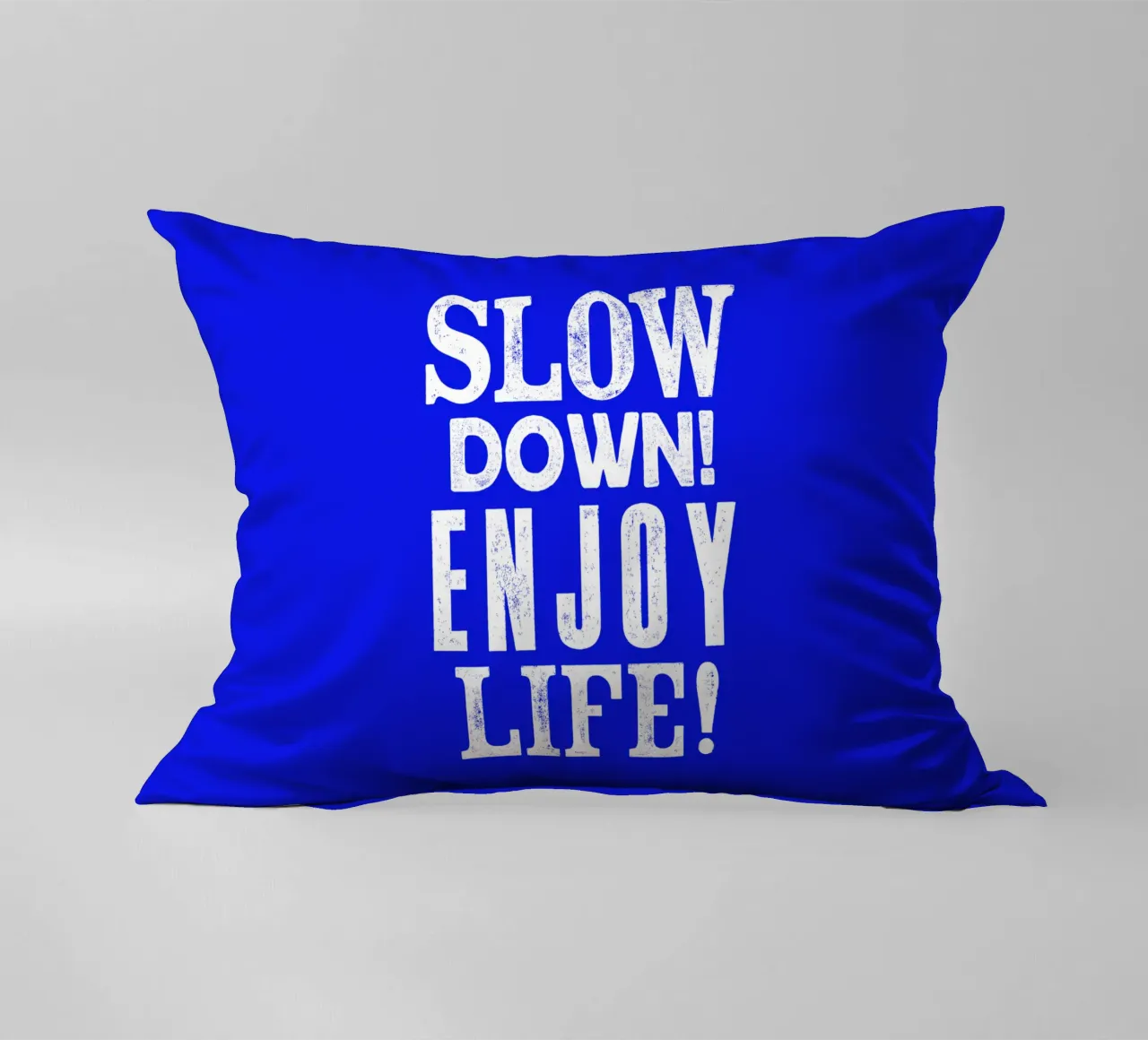 Slow Down Enjoy Life Typography Print in Blue and White decorative cushion by THE MOTIVATED TYPE