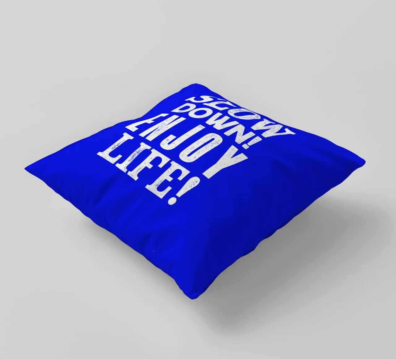 Slow Down Enjoy Life Typography Print in Blue and White decorative cushion by THE MOTIVATED TYPE