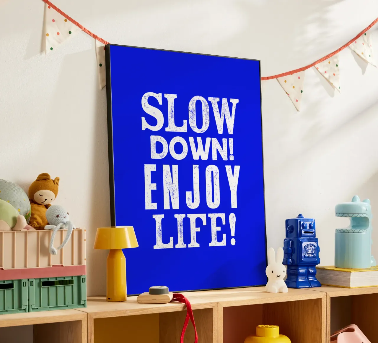 Slow Down Enjoy Life Typography Print in Blue and White alu-dibond by THE MOTIVATED TYPE