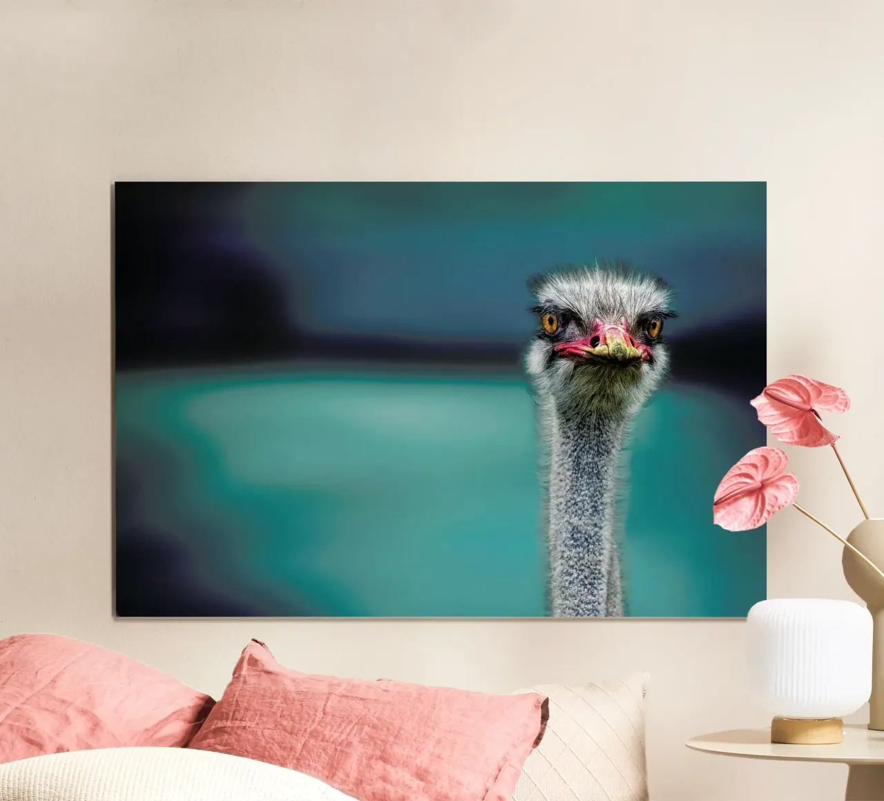 Ostrich Protecting Two Poor Chicken from the Wind - Piet Flour carta hahnemühle da Pictufy