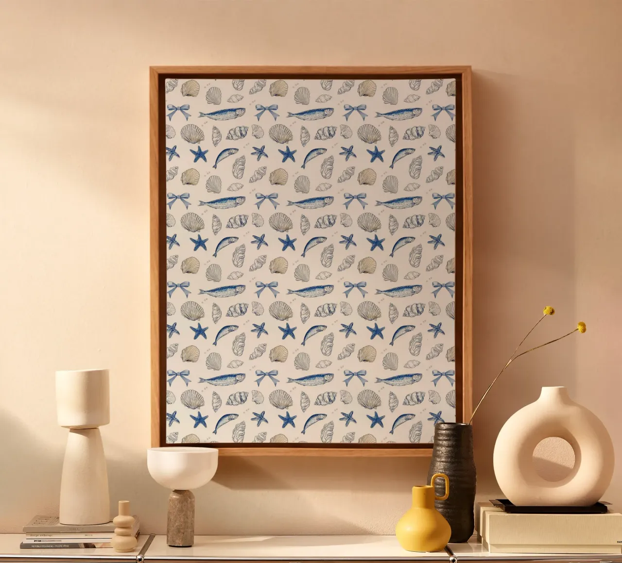 Sardine blu navy Conchiglie pesce pescatore Charm nautico tela con Cornice a cassetta da Gentle Echoes Art