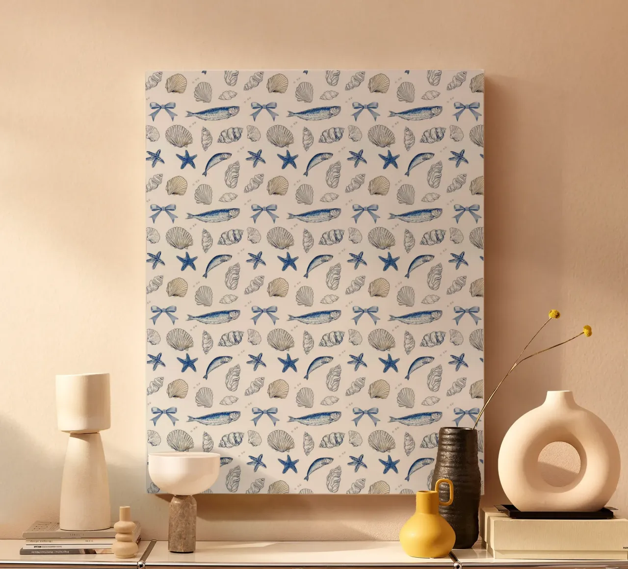 Sardine blu navy Conchiglie pesce pescatore Charm nautico tela con Cornice a cassetta da Gentle Echoes Art