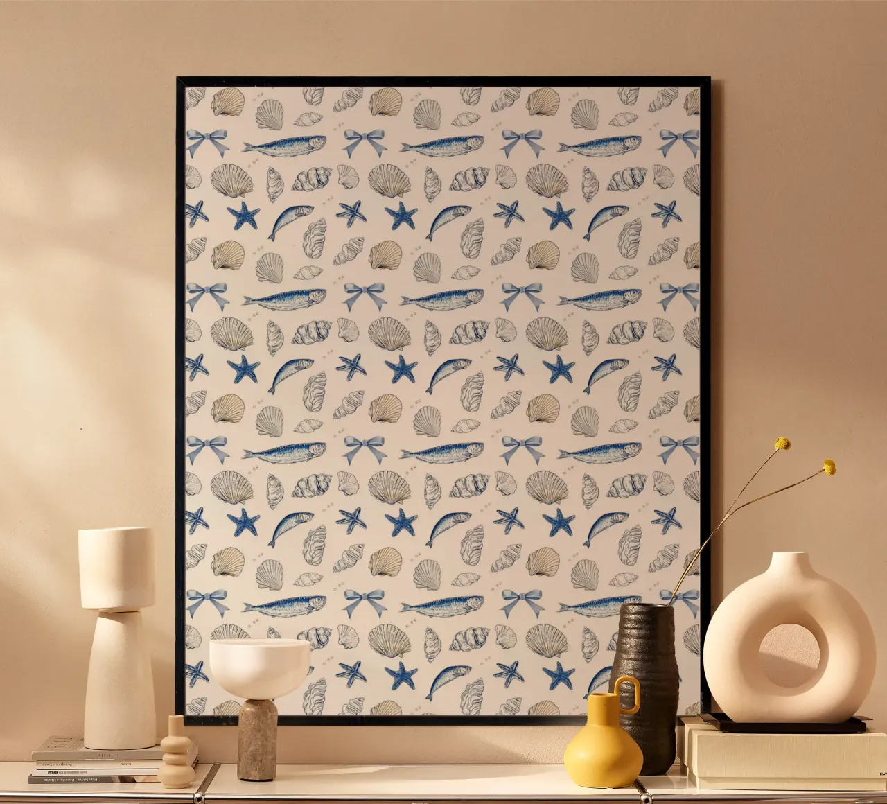 Sardine blu navy Conchiglie pesce pescatore Charm nautico poster da Gentle Echoes Art