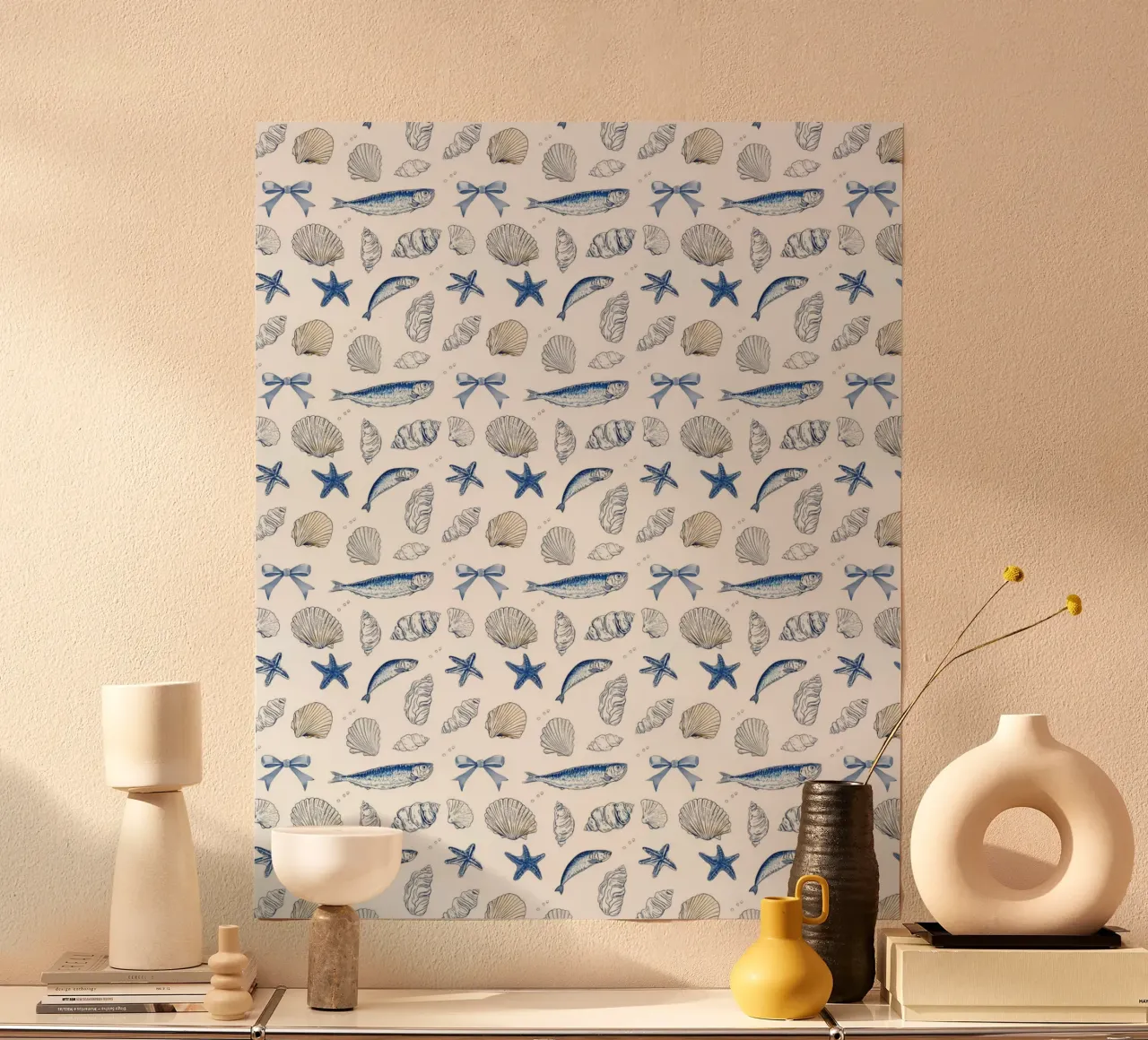 Sardine blu navy Conchiglie pesce pescatore Charm nautico poster da Gentle Echoes Art