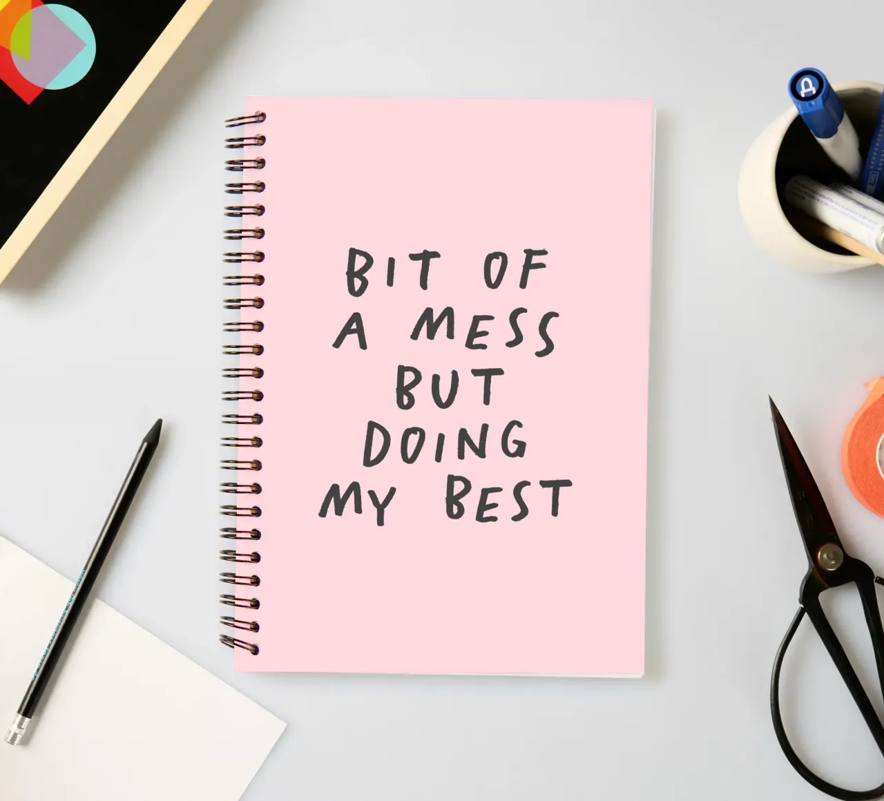 Bit of a Mess But Doing My Best Typography Print in Pink spiral notebook by THE MOTIVATED TYPE