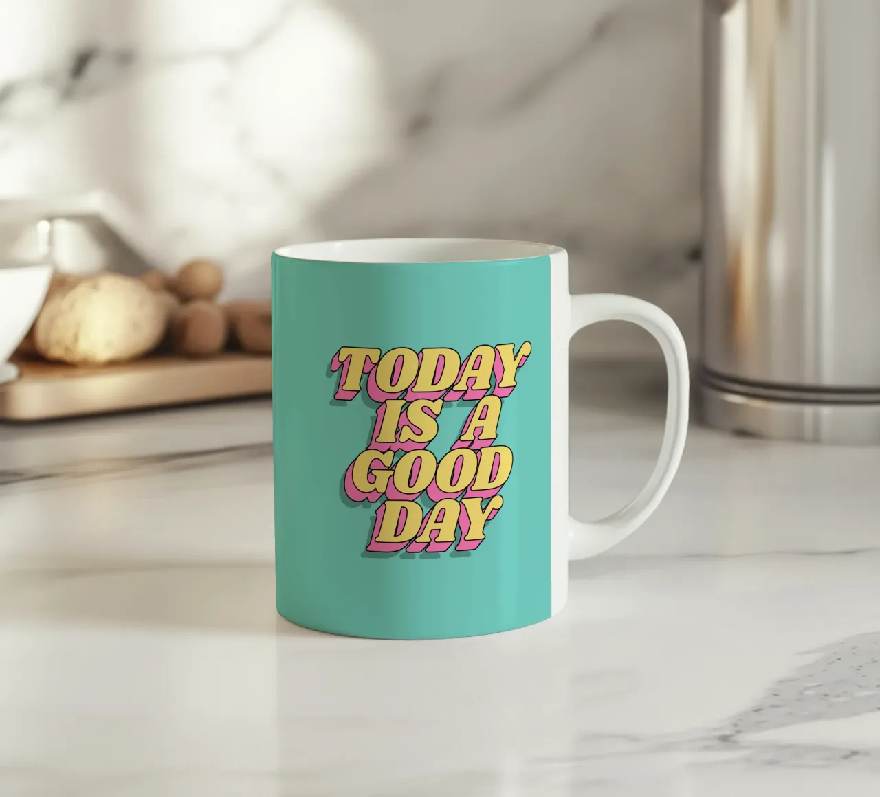 Today is a Good Day Typographie imprimée Jaune Rose Turquoise mug en céramique de THE MOTIVATED TYPE