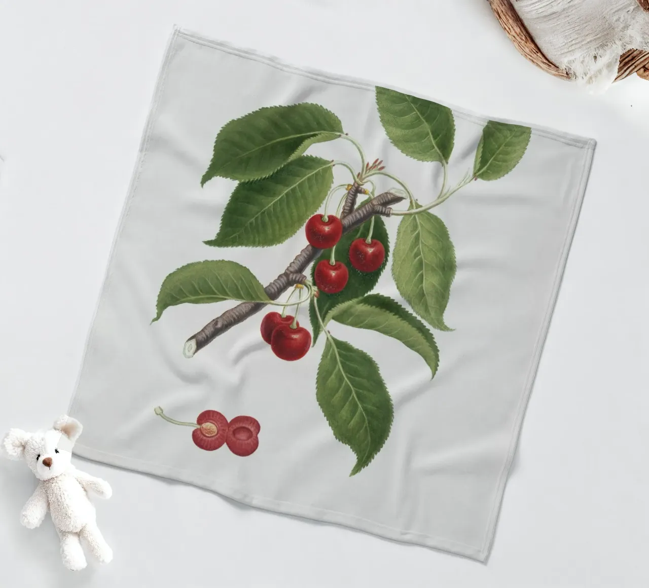 Sour cherry botanical illustration print fleece blanket by Pretty Flowers Vintage Botanicals
