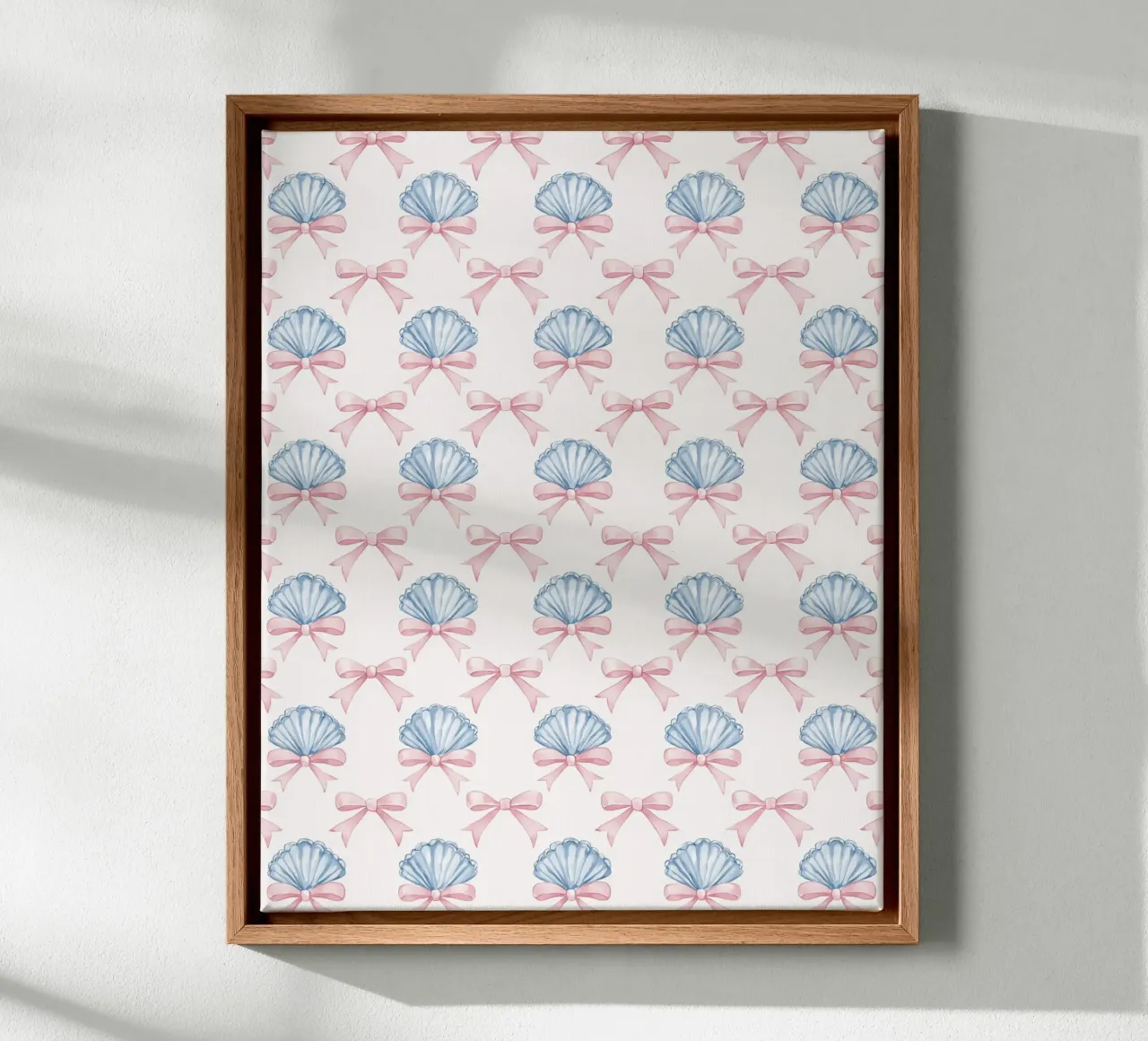 Blaue Muscheln & rosa Schleifen Coquette Meerjungfrau Nautisch Leinwand mit Schattenfugenrahmen von Gentle Echoes Art
