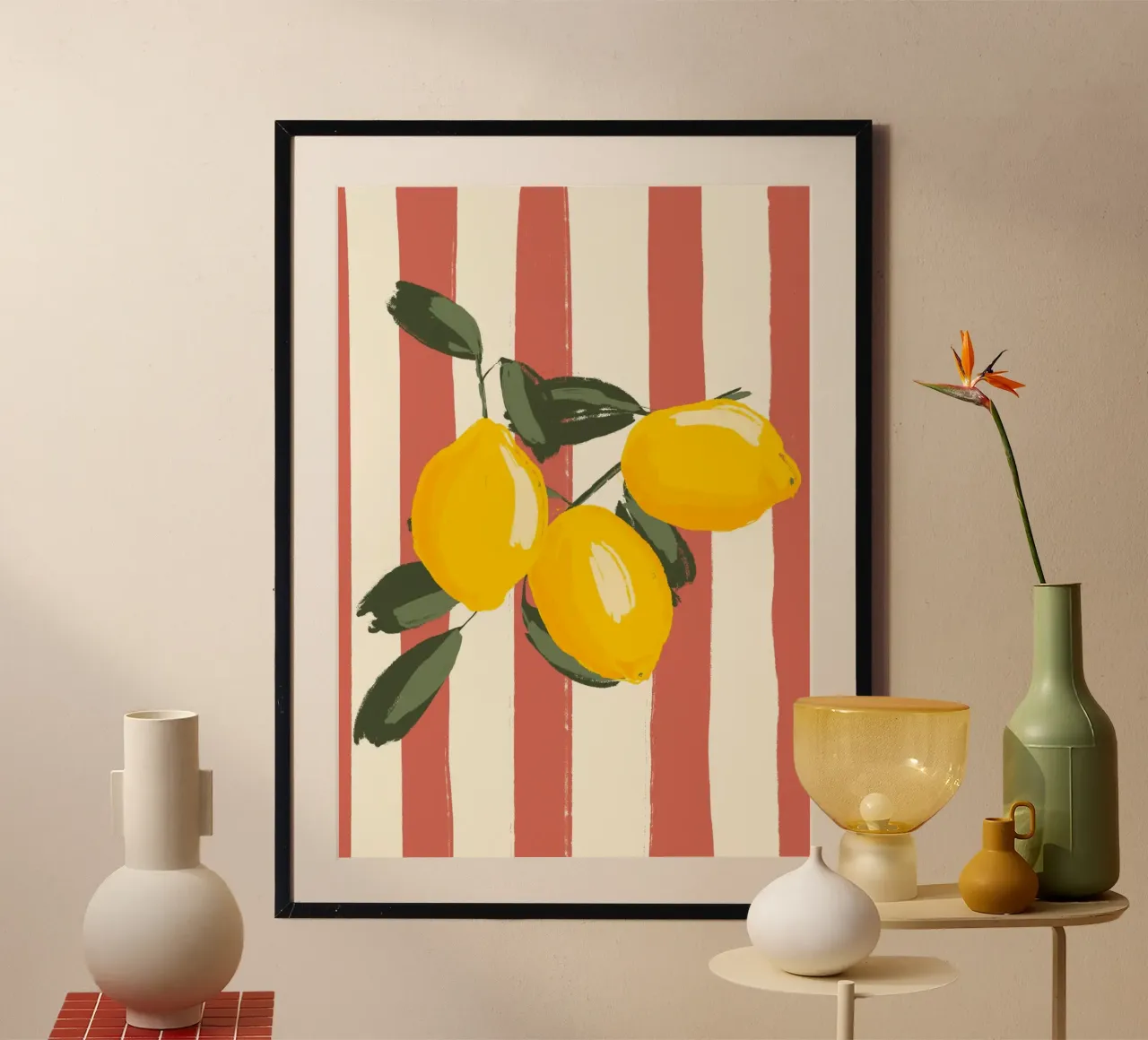 Limoni su strisce rosse poster con telaio in alluminio da Sixmai