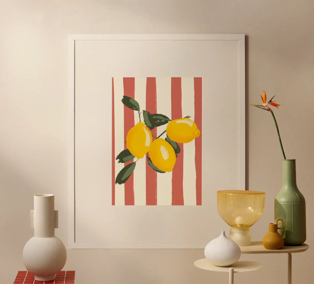 Limoni su strisce rosse poster con telaio in alluminio da Sixmai