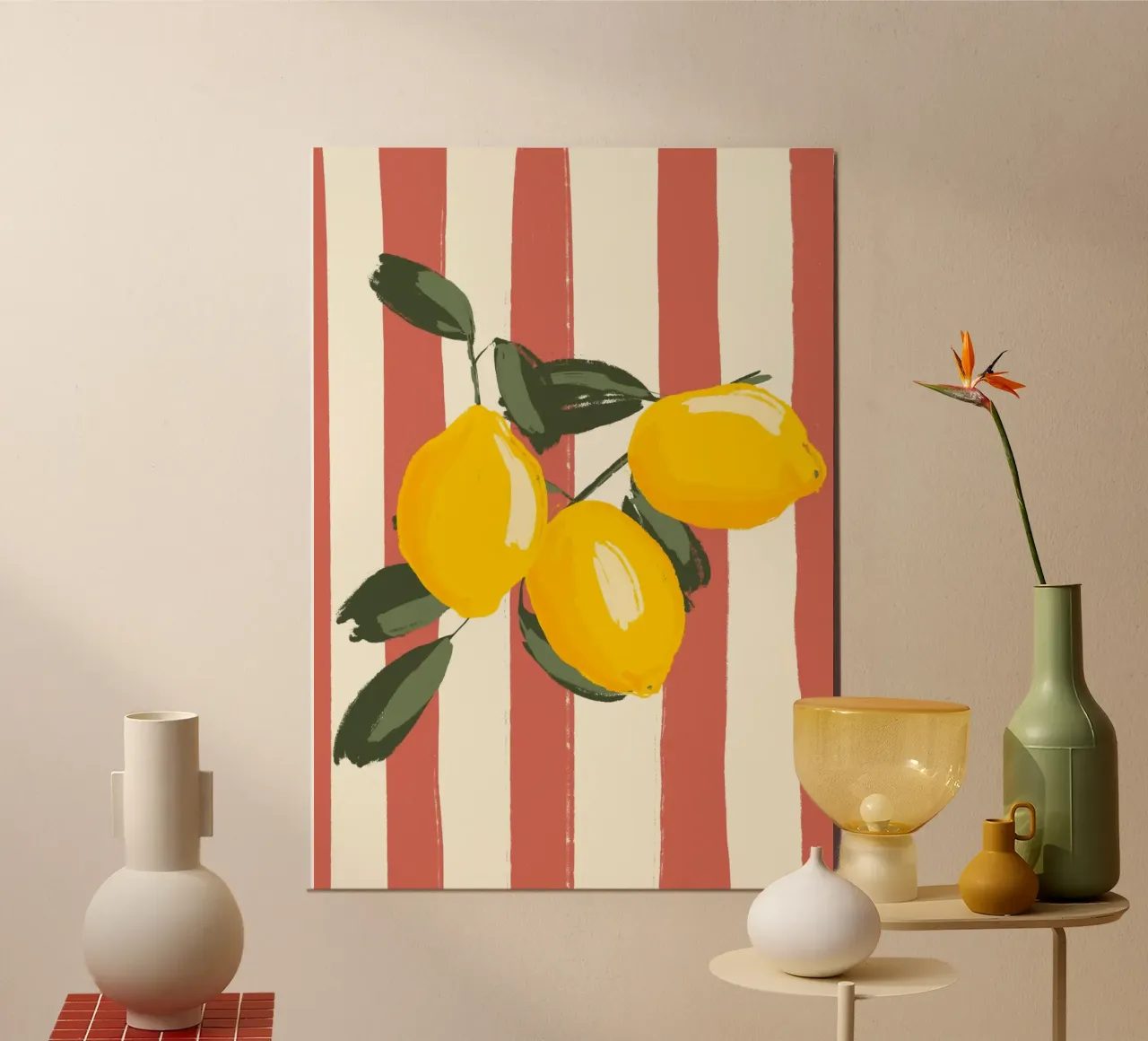 Limoni su strisce rosse poster con telaio in alluminio da Sixmai