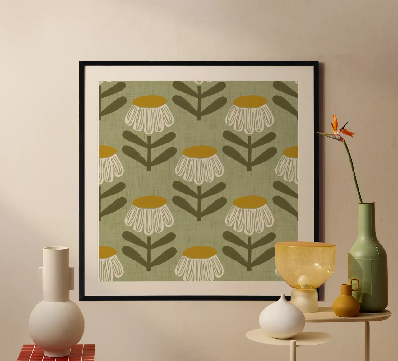 Retro Floral Sage – Mid Century Daisy poster by susanacosta
