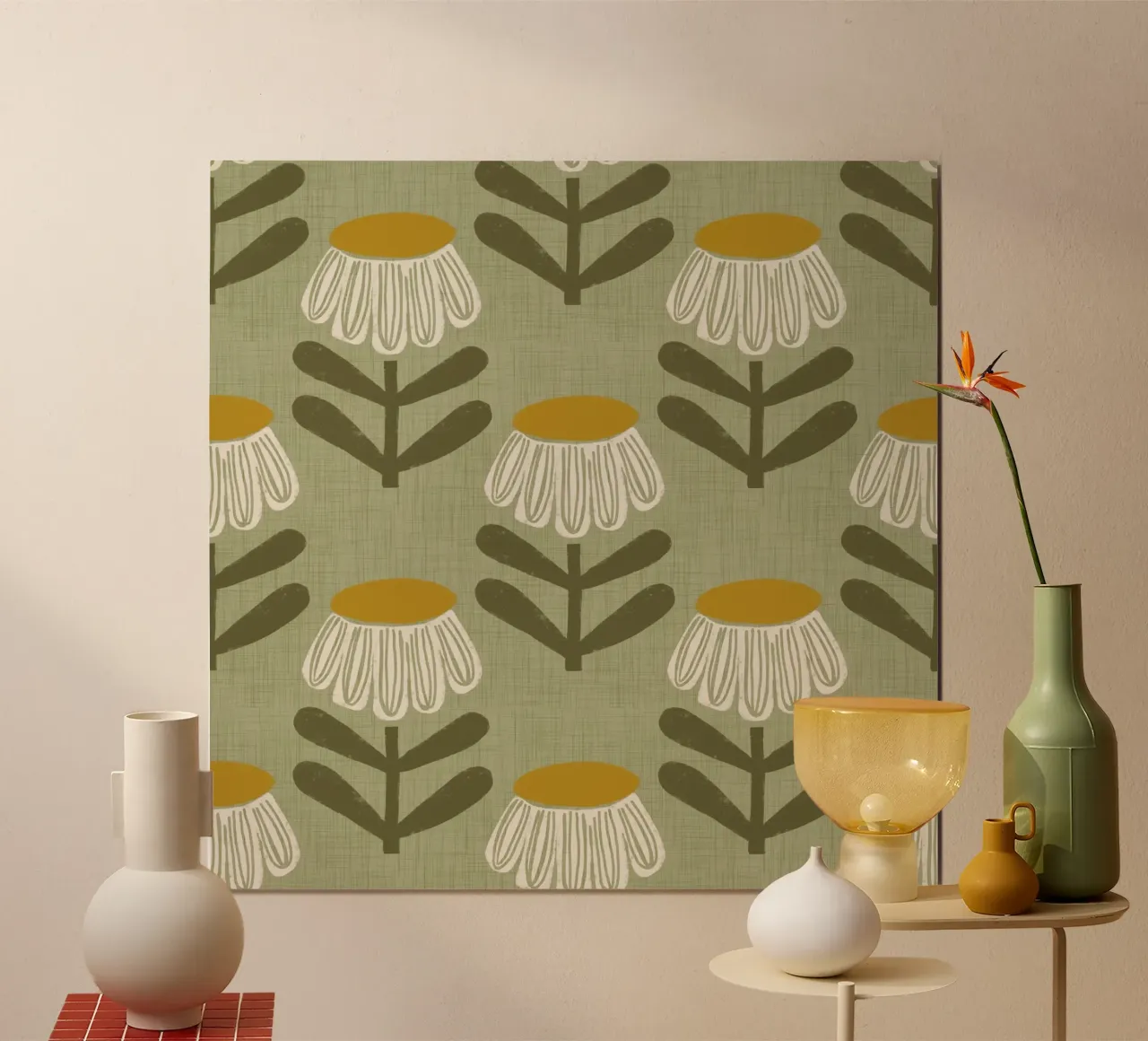 Retro Floral Sage – Mid Century Daisy poster by susanacosta