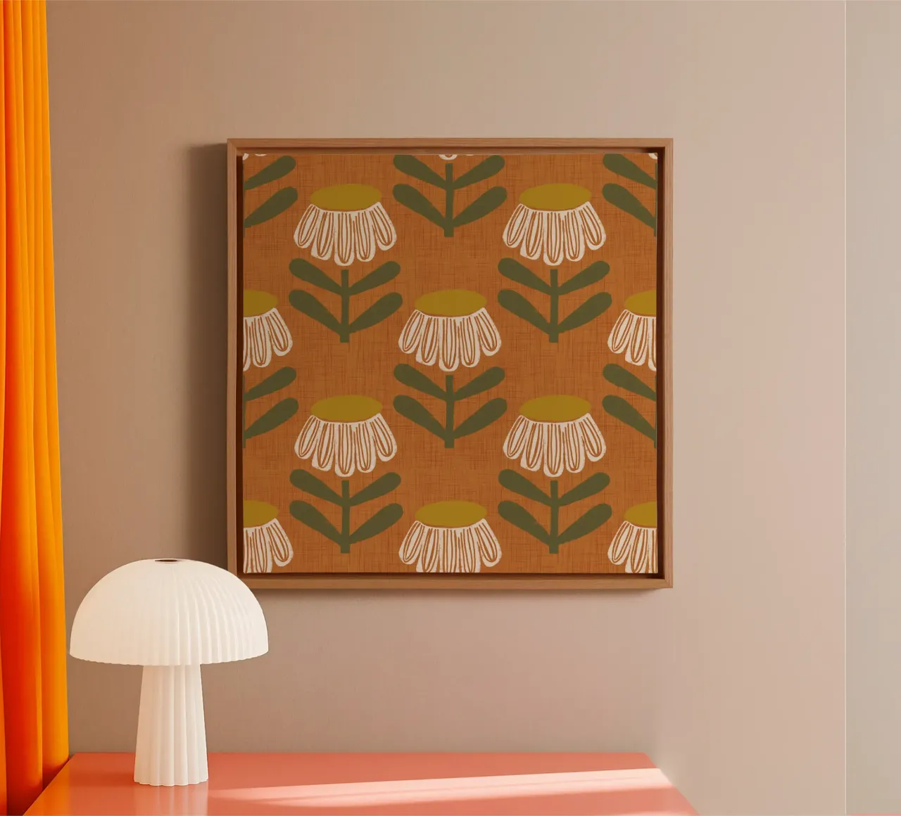 Arancio bruciato floreale retrò - Mid Mod Bloom tela con Cornice a cassetta da susanacosta