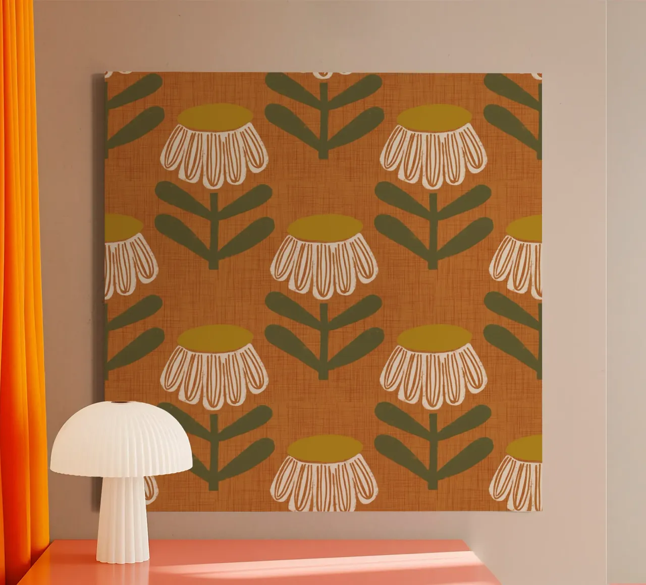Arancio bruciato floreale retrò - Mid Mod Bloom tela con Cornice a cassetta da susanacosta