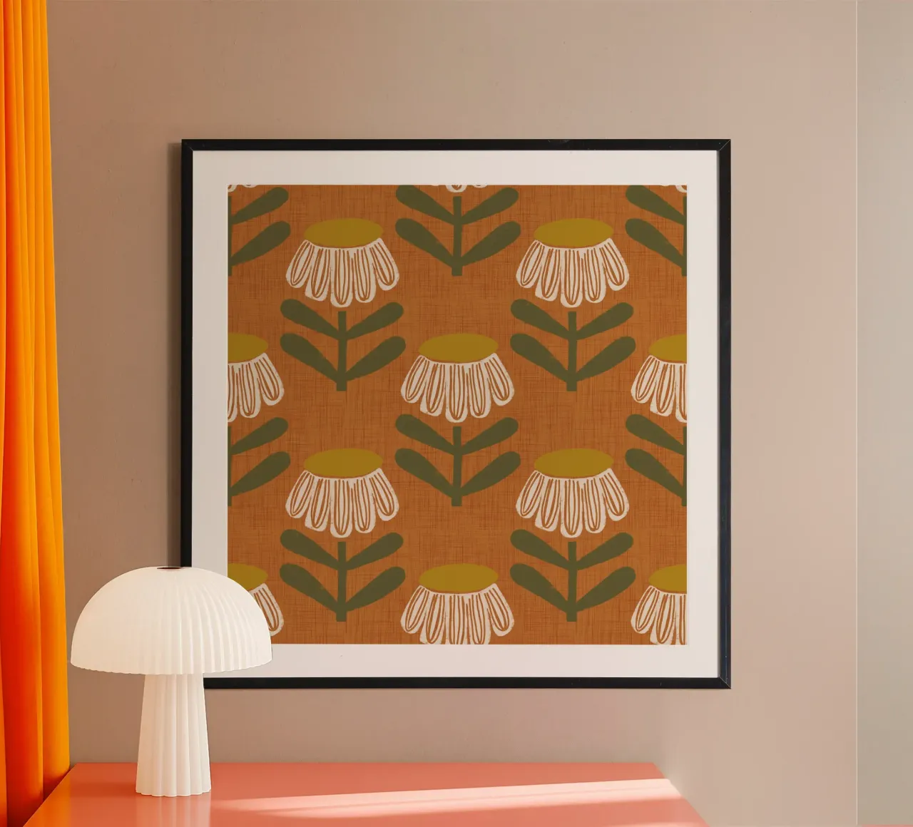 Arancio bruciato floreale retrò - Mid Mod Bloom poster con telaio in alluminio da susanacosta